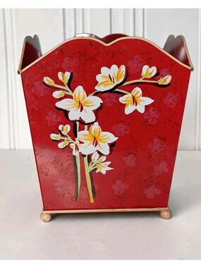 Large Asian Style Toleware Footed Cachepot Wastebasket Cherry Blossoms Red 12.5"